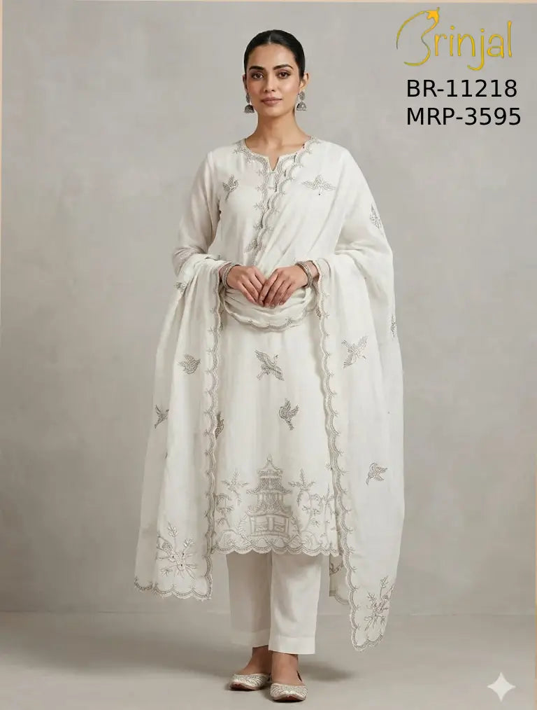 Ivory Tonal Kashmiri Embroidered Luxury Unstitched Suit Set
