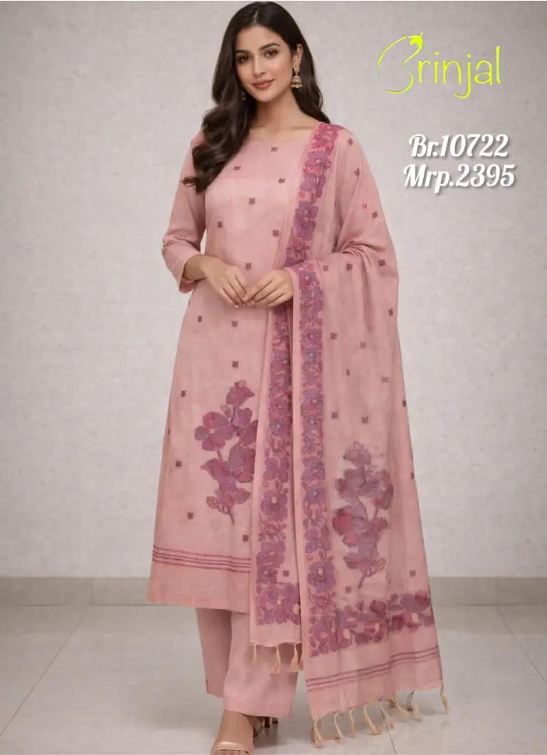 Brinjal Pastel Rose Chanderi Cotton Unstitched Suit Set