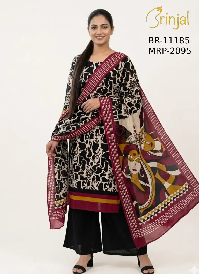 Brinjal Premium Pure Cotton Unstitched Suit with Artistic Dupatta