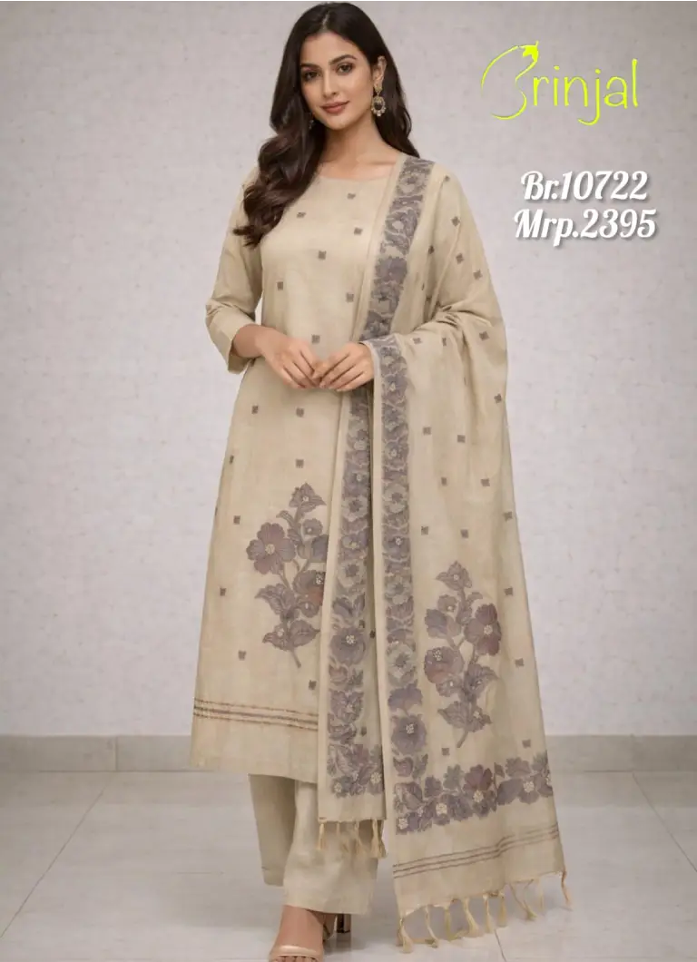 Brinjal Chanderi Cotton Embroidered Suit Set