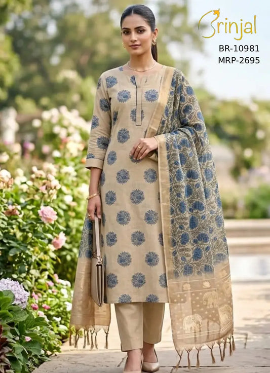Beige Floral Chanderi Cotton Suit Set