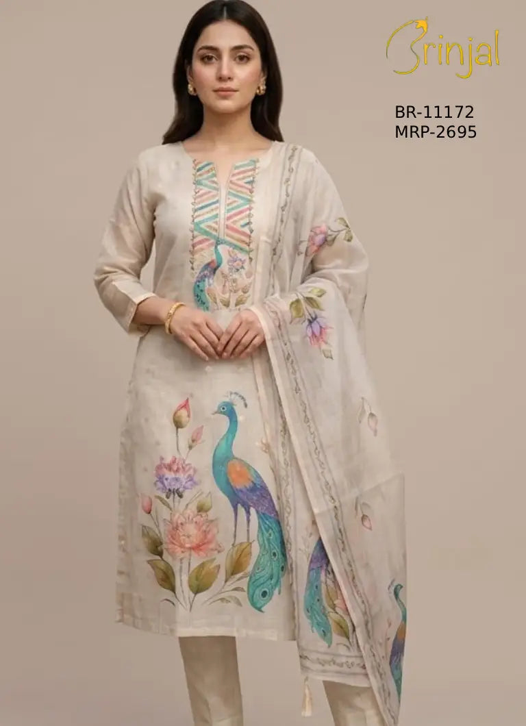 Elegant Peacock Embroidered Suit Set