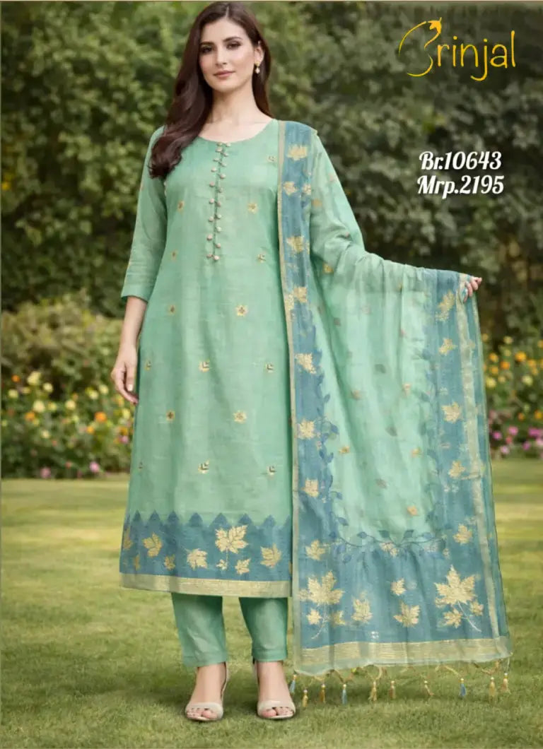 Brinjal Pastel Green Chanderi Cotton Unstitched Suit Set