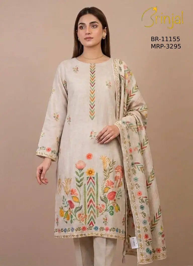 Kashmiri Floral Embroidered Premium Linen Suit Set
