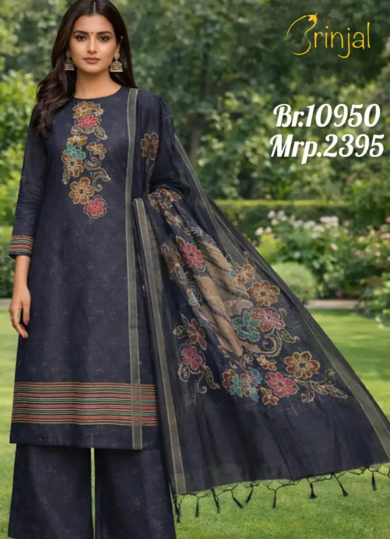 Floral Embroidered Unstitched Suit Set with Printed Dupatta – Navy Blue
