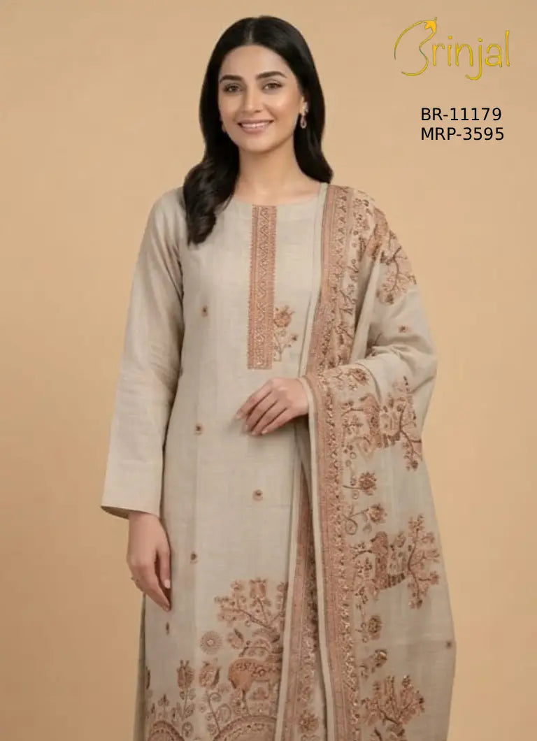 Gilded Beige Chanderi Embroidered Suit