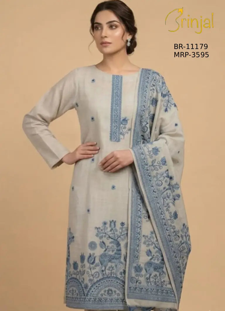 Brinjal Premium Embroidered Linen Suit Set