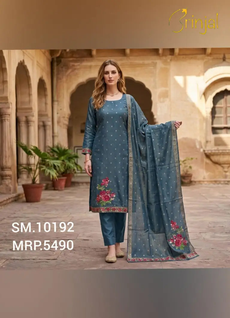 Premium Slate Blue Tissue Fabric Weaving Suit Set