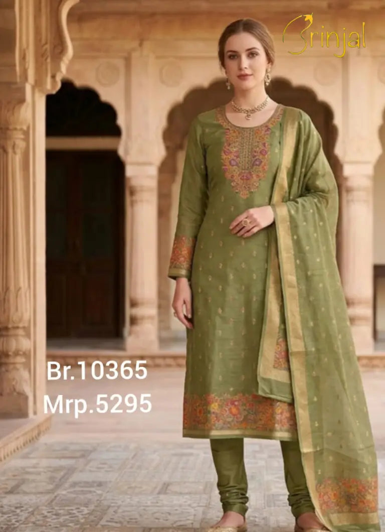 Premium Woven Tissue Unstitched Suit – Olive Green