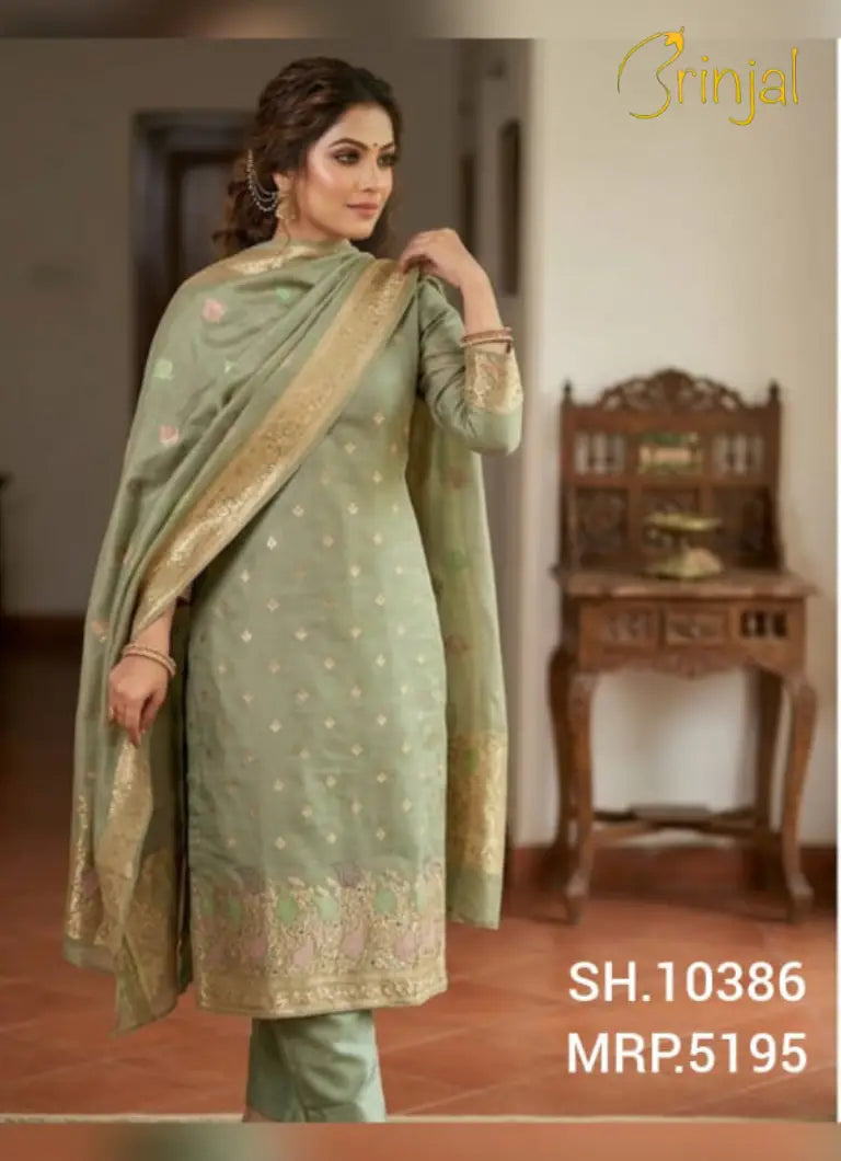Brinjal Unstitched Olive Green Tissue Fabric Suit With Zari Weaving