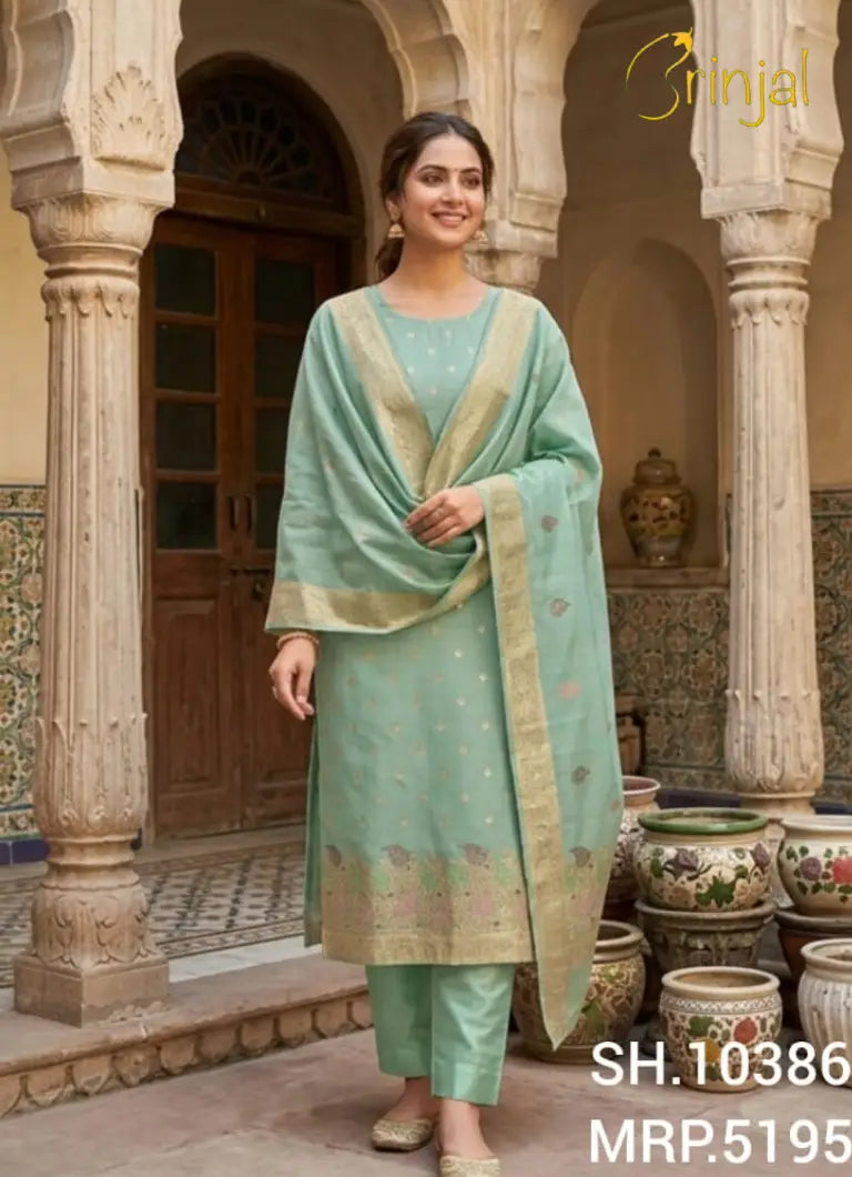 Premium Tissue Weaving Unstitched Suit | Sea Green