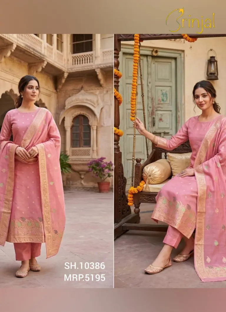 Brinjal Hand-Woven Tissue Banarasi Unstitched Suit Set