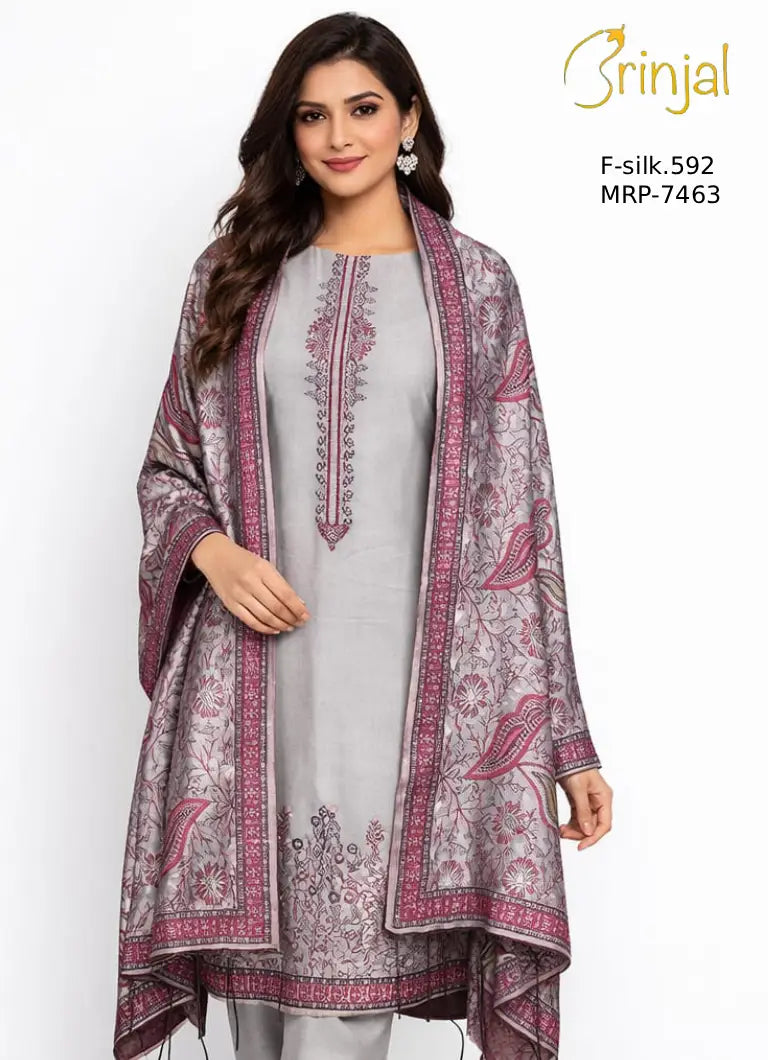 Brinjal Pure Silk Unstitched Suit with Dupatta