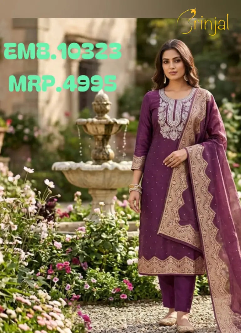 Brinjal Luxury Woven Tissue Silk Unstitched Suit – Deep Magenta