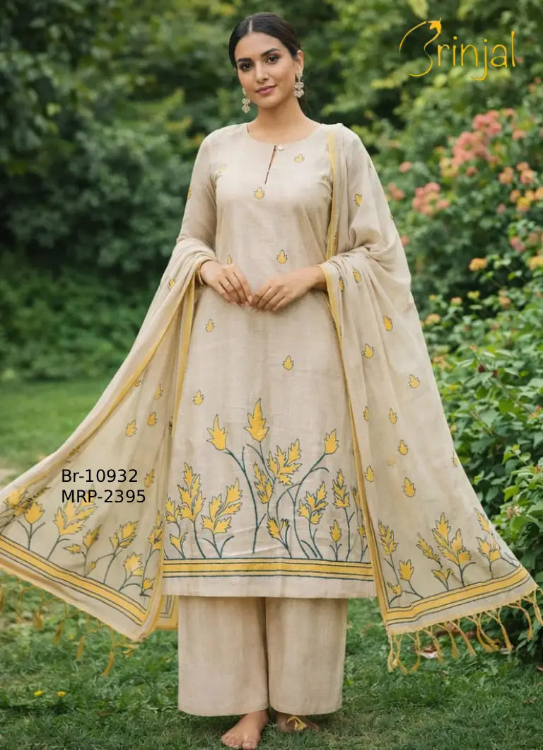 Brinjal Beige Floral Chanderi Cotton Unstitched Suit