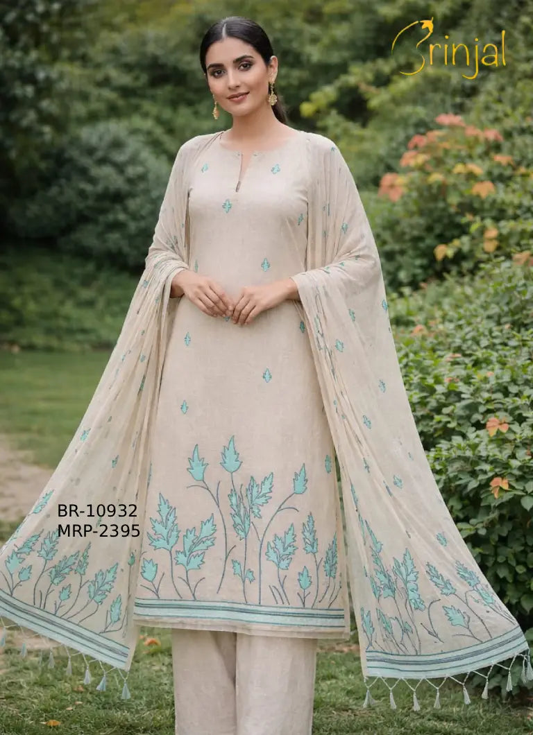 Beige Chanderi Cotton Unstitched Suit