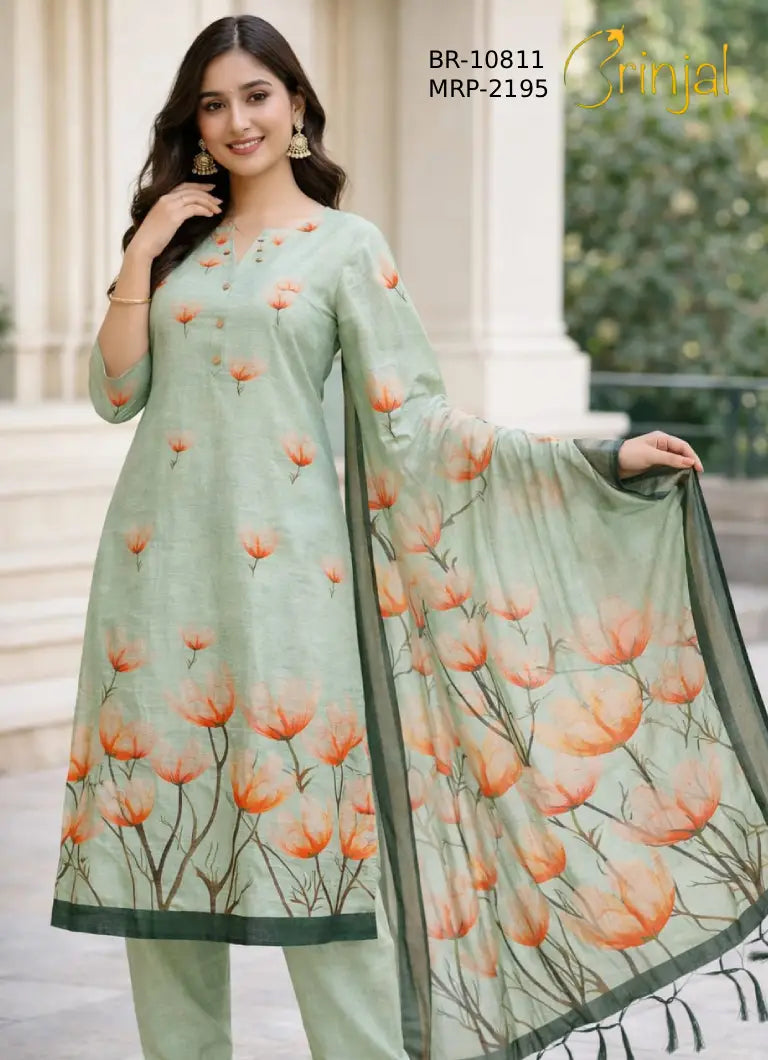 Pastel Sage Floral Printed Unstitched Suit Set