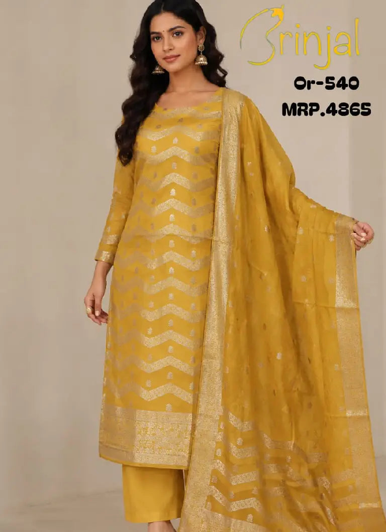 Premium Golden Mustard Woven Tissue Suit Set