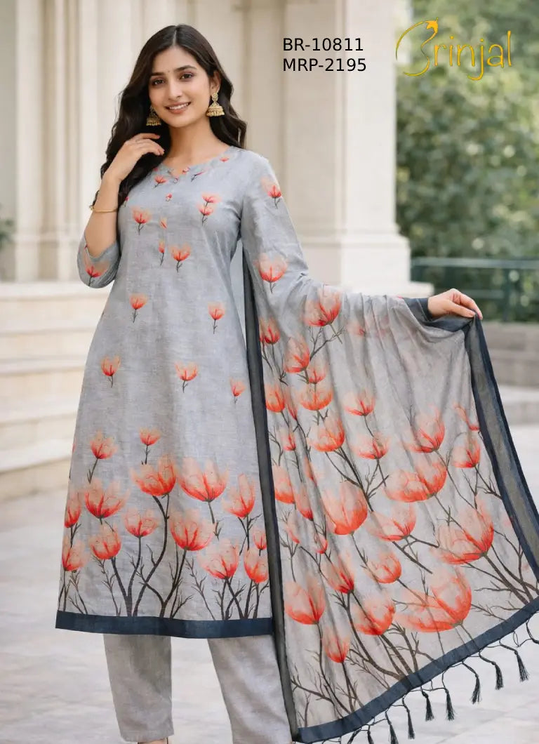BRINJAL Floral Print Unstitched Suit