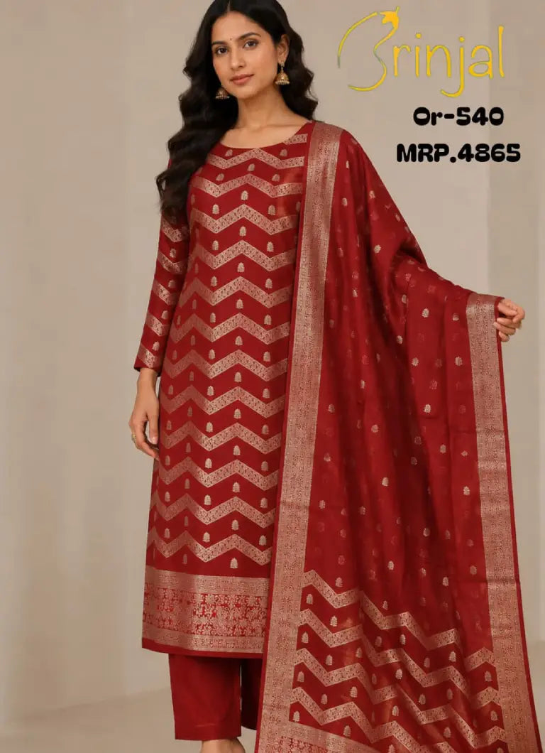 Premium Woven Tissue Fabric Unstitched Suit – Deep Red