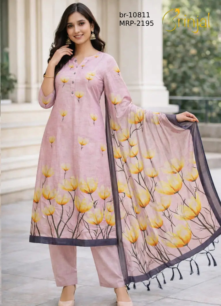 Blush Pink Floral Printed Unstitched Suit Set