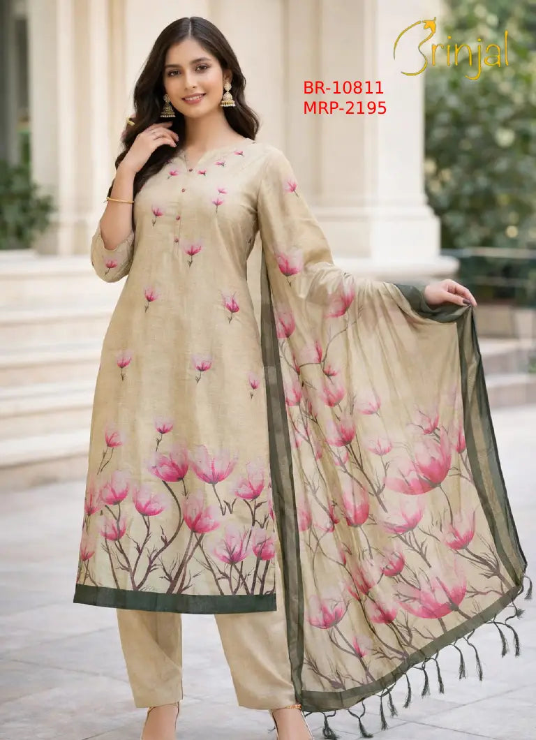 BRINJAL Premium Floral Print Unstitched 3-Piece Suit Set