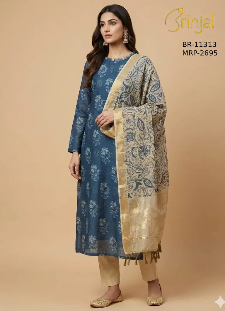 Midnight Blue Chanderi Cotton Floral Ensemble