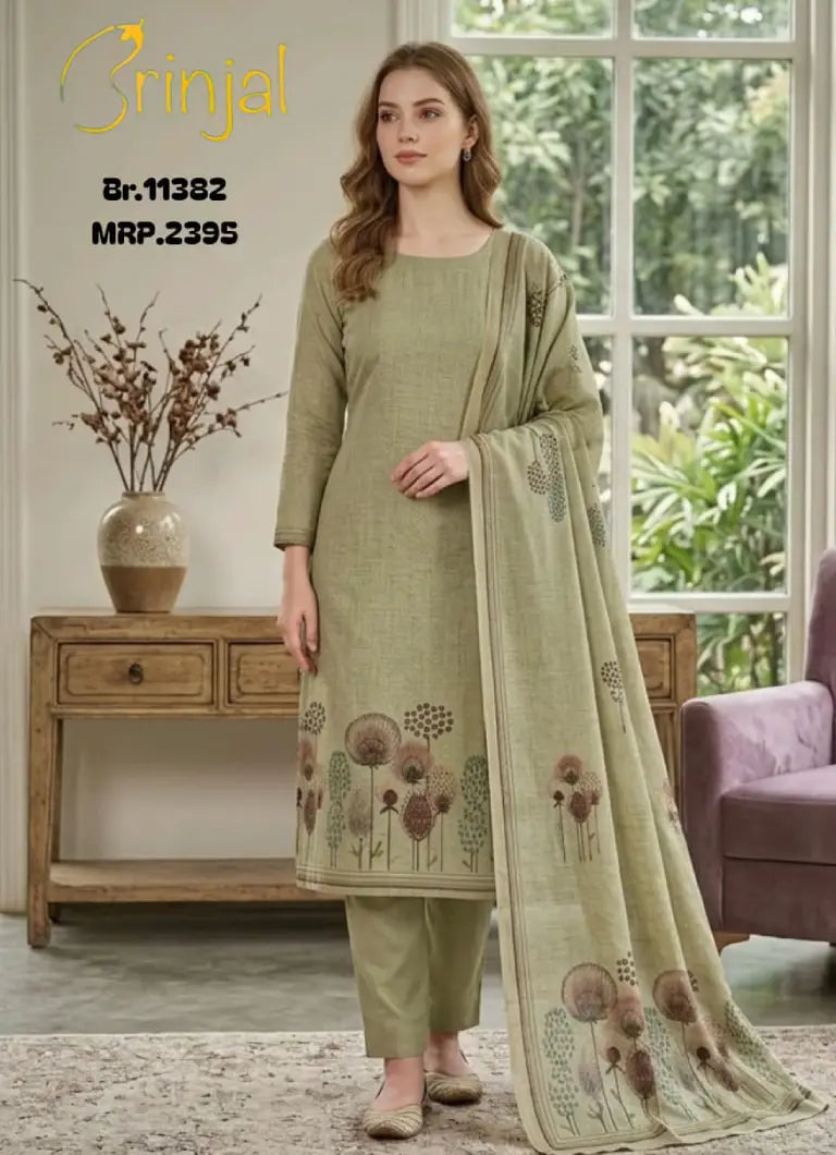 BRINJAL Sage Green Embroidered Linen Suit Set