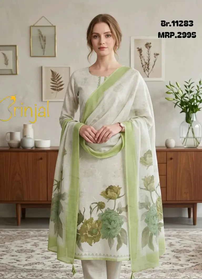 Brinjal Sage & Ivory Floral Embroidered Woven Suit Set