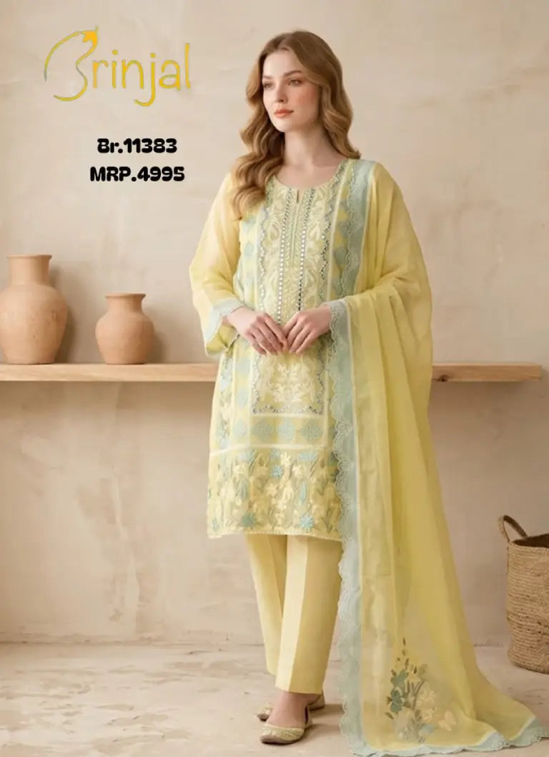 Pastel Yellow Embroidered Woven Suit Set