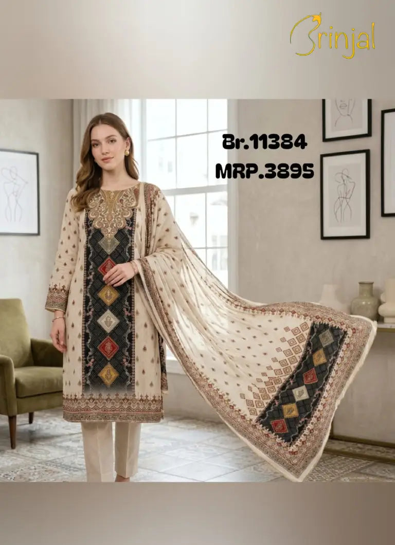Brinjal Elegant Geometric Paneled Unstitched Suit