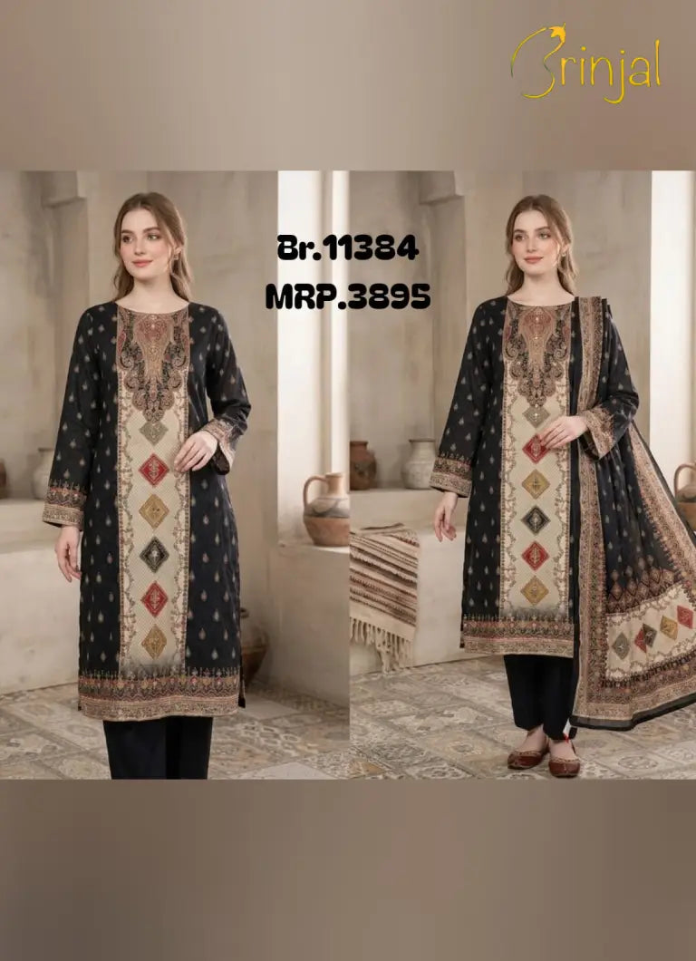 Kashmiri Embroidered Unstitched Suit Set – Black & Beige)