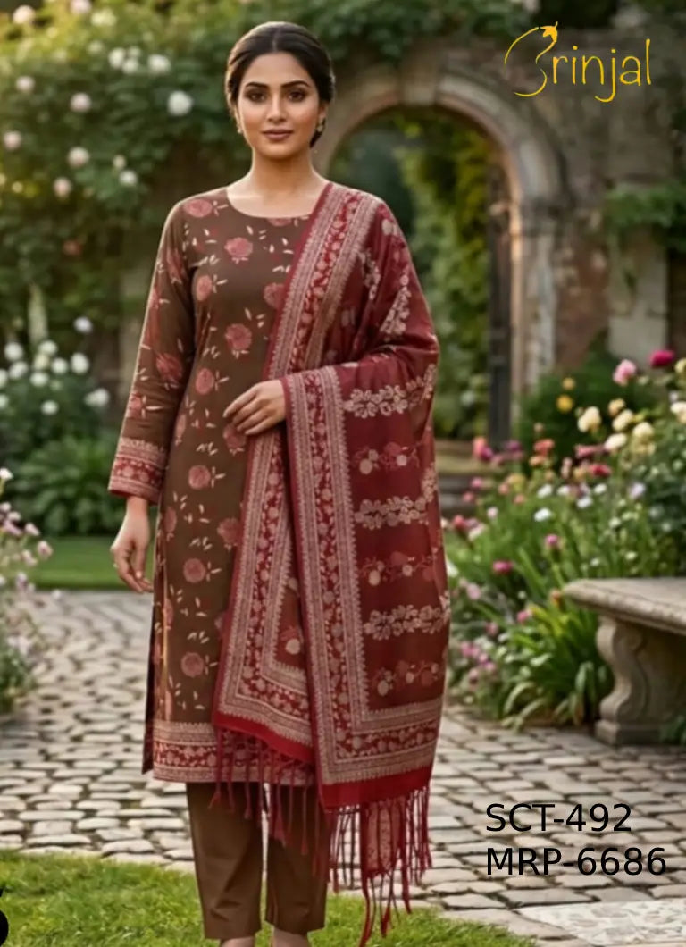 Brinjal Elegant Cotton Silk Floral Unstitched Suit Set