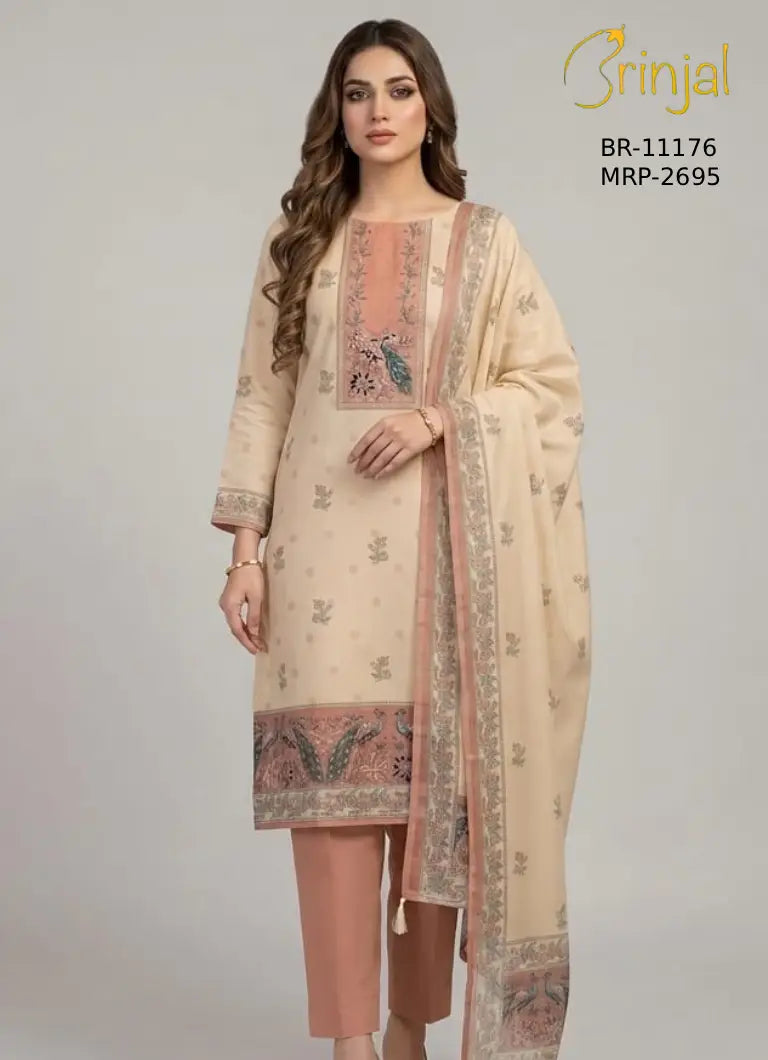 Floral & Peacock Embroidered Unstitched Suit