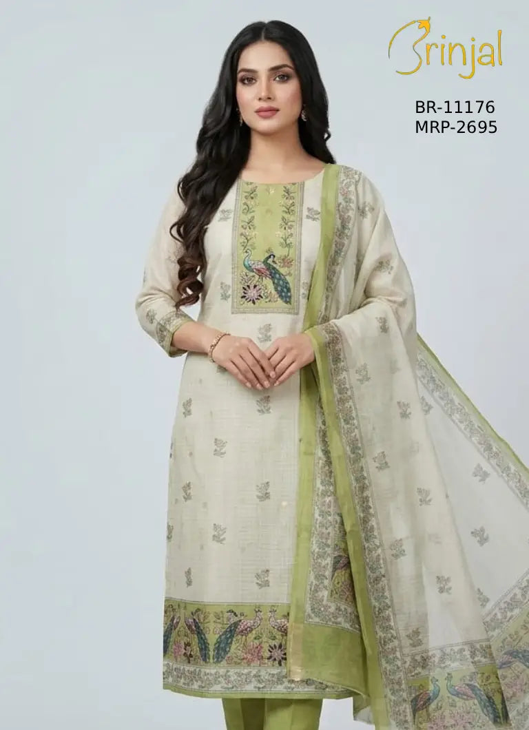 Brinjal Floral & Peacock Embroidered Unstitched Suit