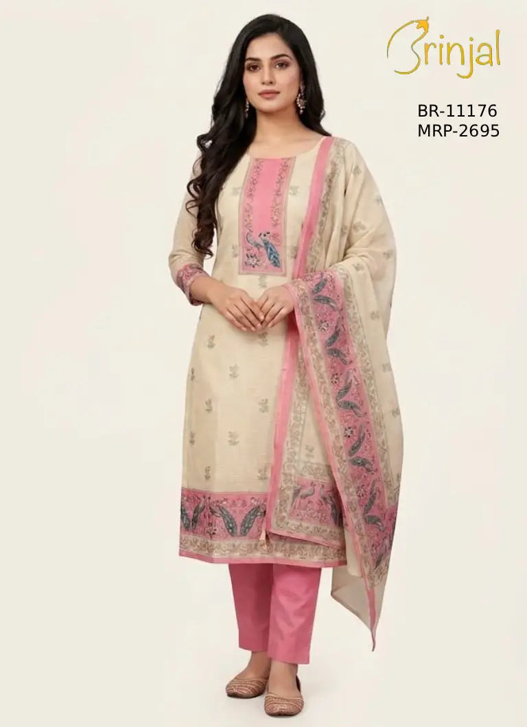 Brinjal Elegant Floral Embroidery Unstitched Suit Set