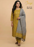 Elegant Woven Viscose Unstitched Suit Set – Mustard & Grey