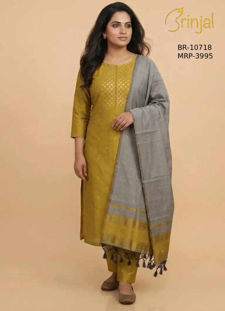 Elegant Woven Viscose Unstitched Suit Set – Mustard & Grey