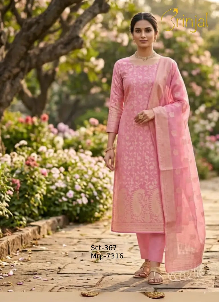 Blush Pink Woven Banarasi Unstitched Suit with Dupatta