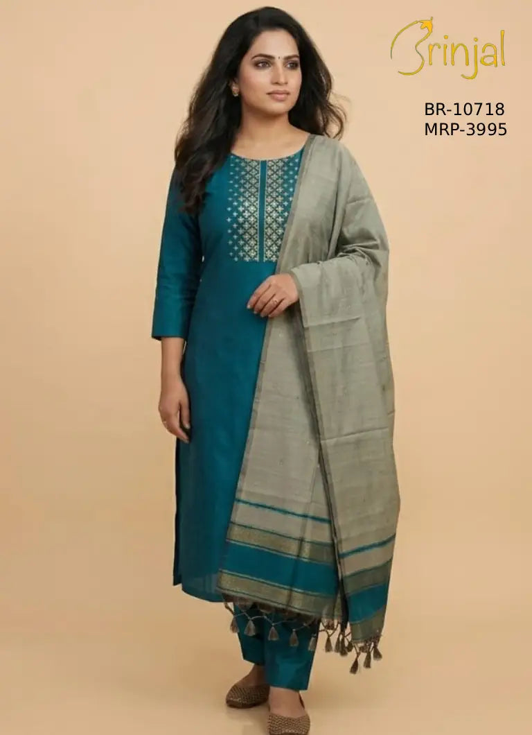 Brinjal Teal Blue Premium Viscose Weaving Unstitched Suit Set