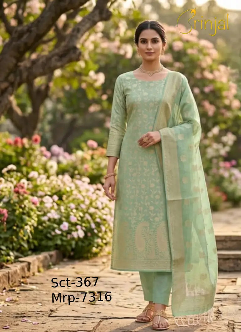 Brinjal Sage Green Banarasi Weaving Unstitched Suit Set