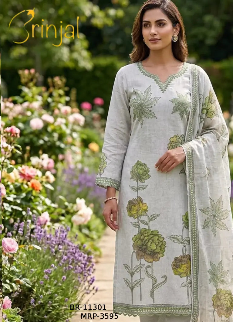 Brinjal Floral Linen Embroidered Suit Set (BR-11301)