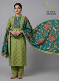 Olive Green & Teal Floral Unstitched Suit Set