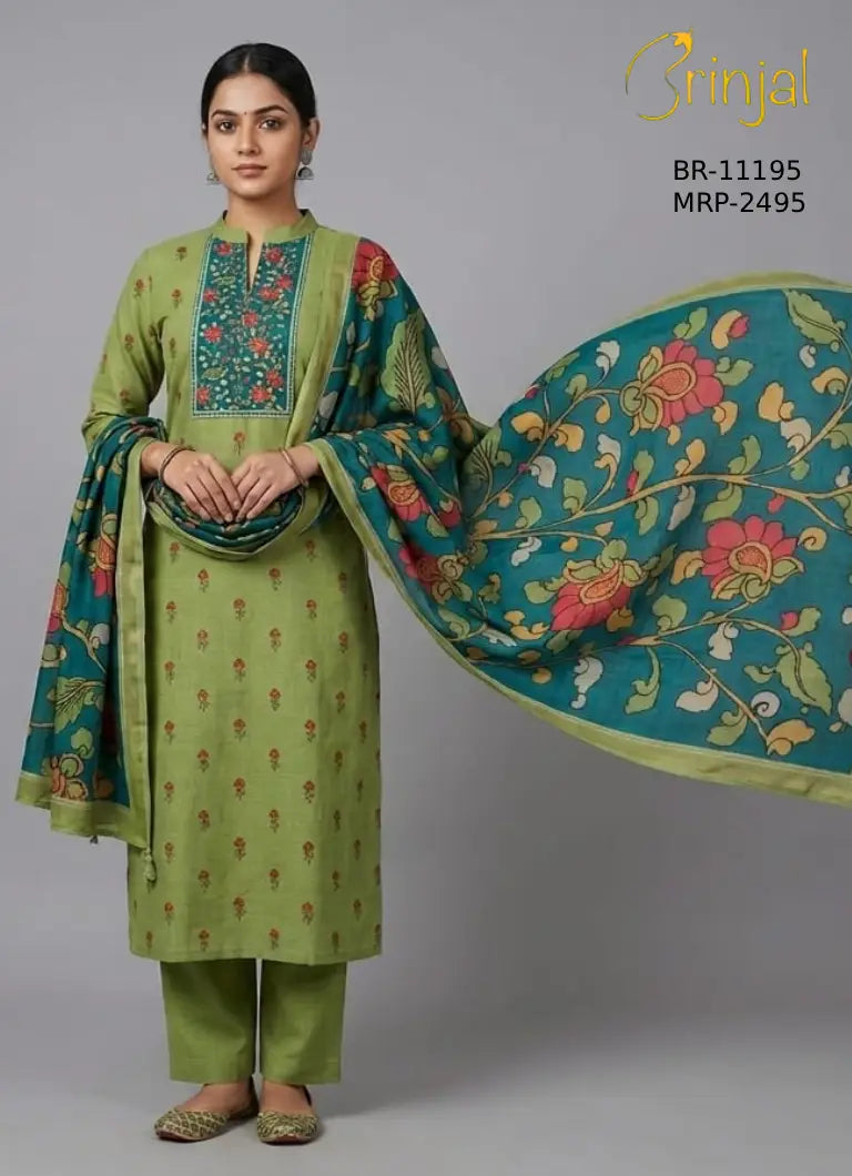 Olive Green & Teal Floral Unstitched Suit Set