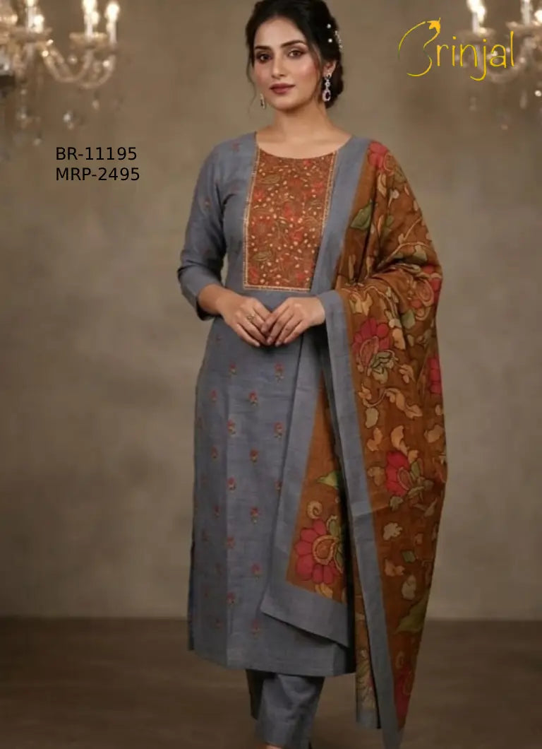 Brinjal Grey & Rust Floral Unstitched Suit Set