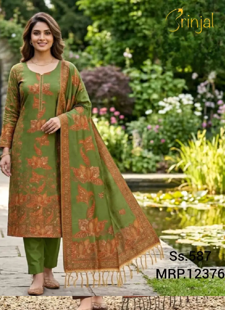 Pure Fine Silk Weave Olive Floral Salwar Suit Set