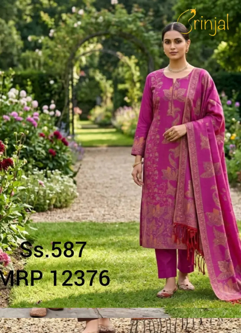 Pure Silk Woven Suit Set in Magenta