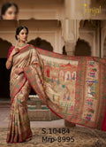 Brinjal Premium Pichwai Art Weaving Saree in Cream & Crimson