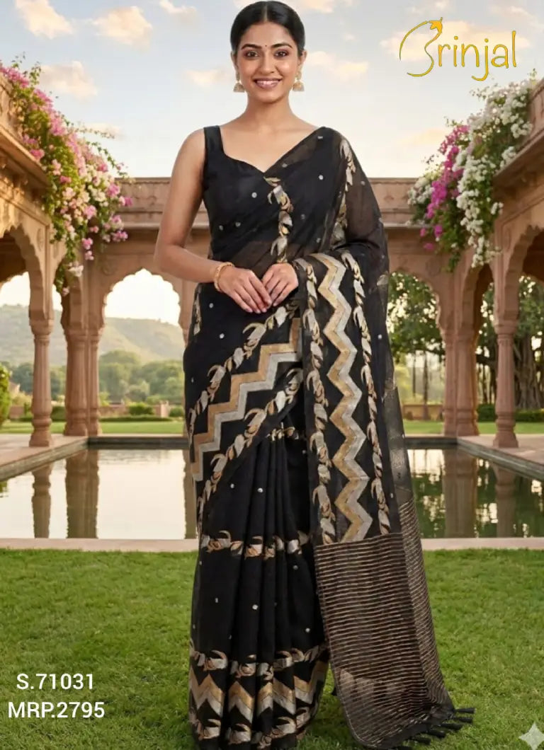 Elegant Black & Gold Zari Weaving Saree