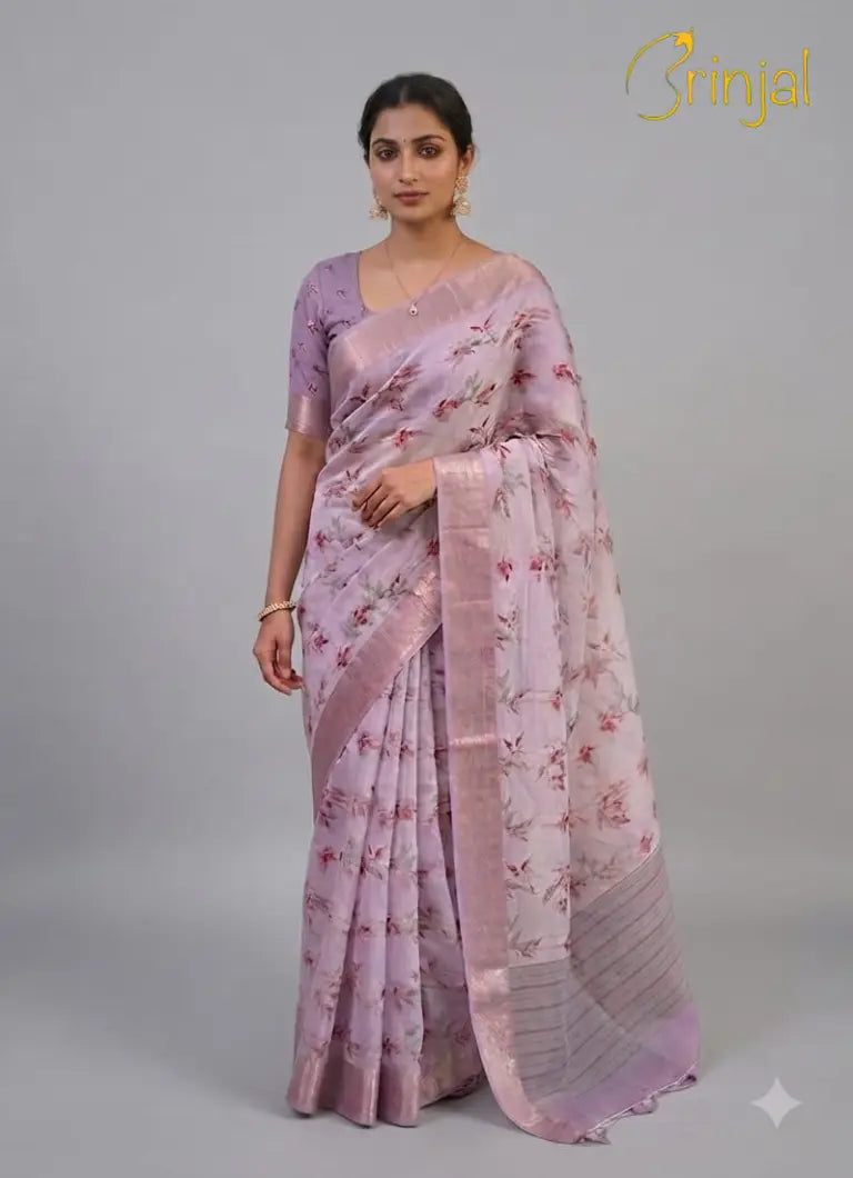 Off-White & Mint Green Linen Slub Saree with Gold Zari Border